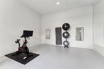 A room with a stationary bike, a black ball, and a black exercise ball.